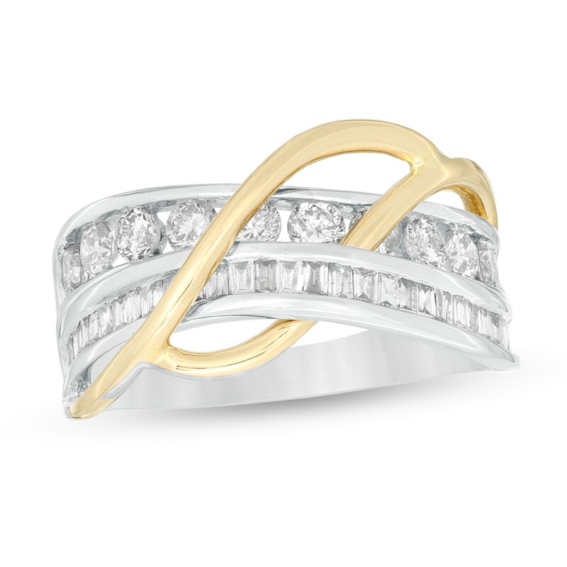 1-1/10 CT. T.W. Baguette and Round Diamond Layered Crossover Ring in 10K White Gold with Yellow Rhodium