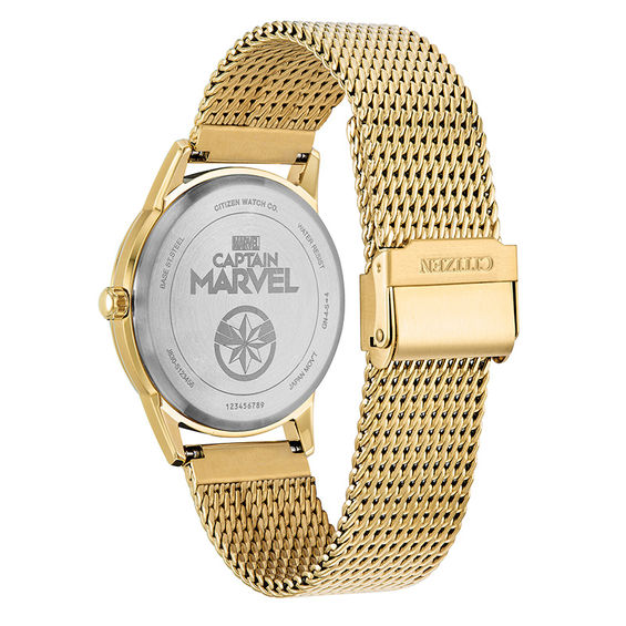Ladies' Citizen Eco-DriveÂ® Captain Marvel Gold-Tone Mesh Watch with Blue Dial (Model: Fe7062-51W)