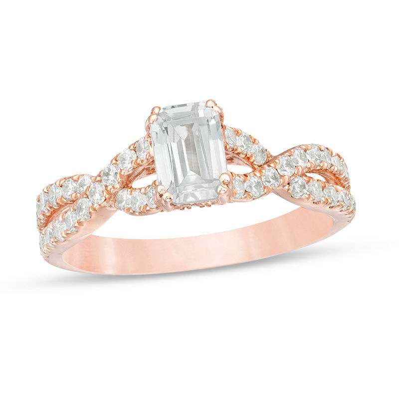 Main Image 1 of 1-1/4 CT. T.W. Certified Emerald-Cut Diamond Twist Engagement Ring in 14K Rose Gold (I/SI2)
