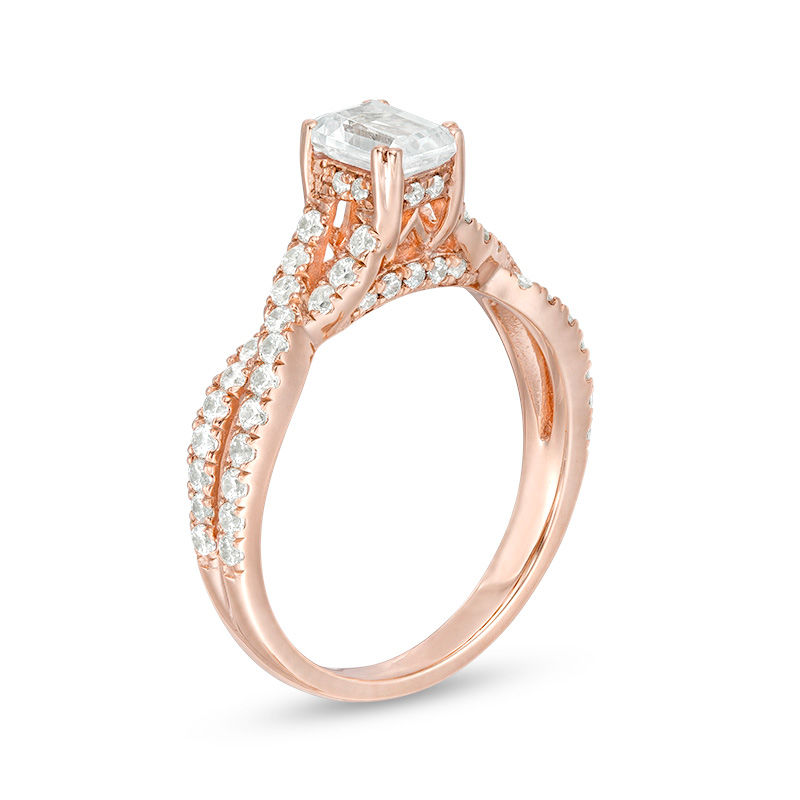 Main Image 3 of 1-1/4 CT. T.W. Certified Emerald-Cut Diamond Twist Engagement Ring in 14K Rose Gold (I/SI2)