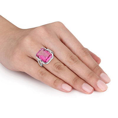 Ladies pink ring cz emerald cut clear stainless steel 6 carat sparkling new 088