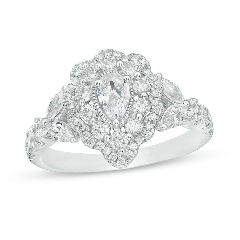 Main Image 1 of 1-1/4 CT. T.W. Certified Pear-Shaped Diamond Double Scalloped Frame Engagement Ring in 14K White Gold (I/SI2)