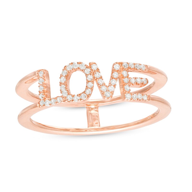Main Image 1 of 1/8 CT. T.W. Diamond "LOVE" Parallel Split Shank Ring in 10K Rose Gold