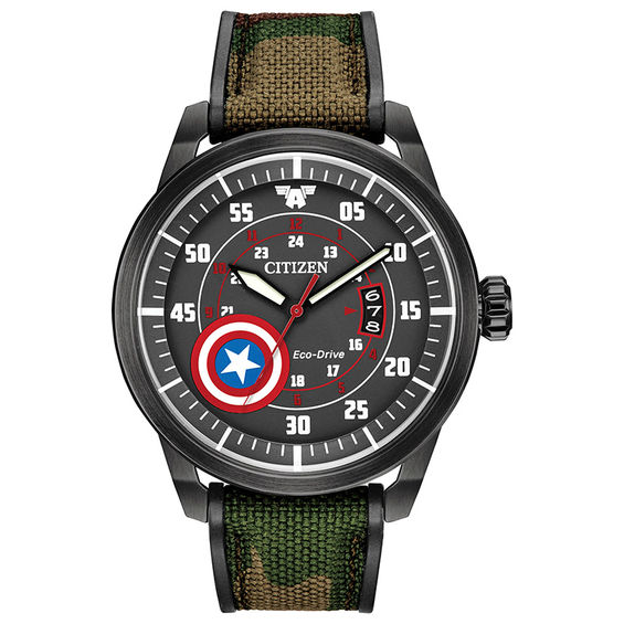 Men's Citizen Eco-Drive® Captain America Black IP Strap Watch with Black Dial (Model: Aw1367-05W)
