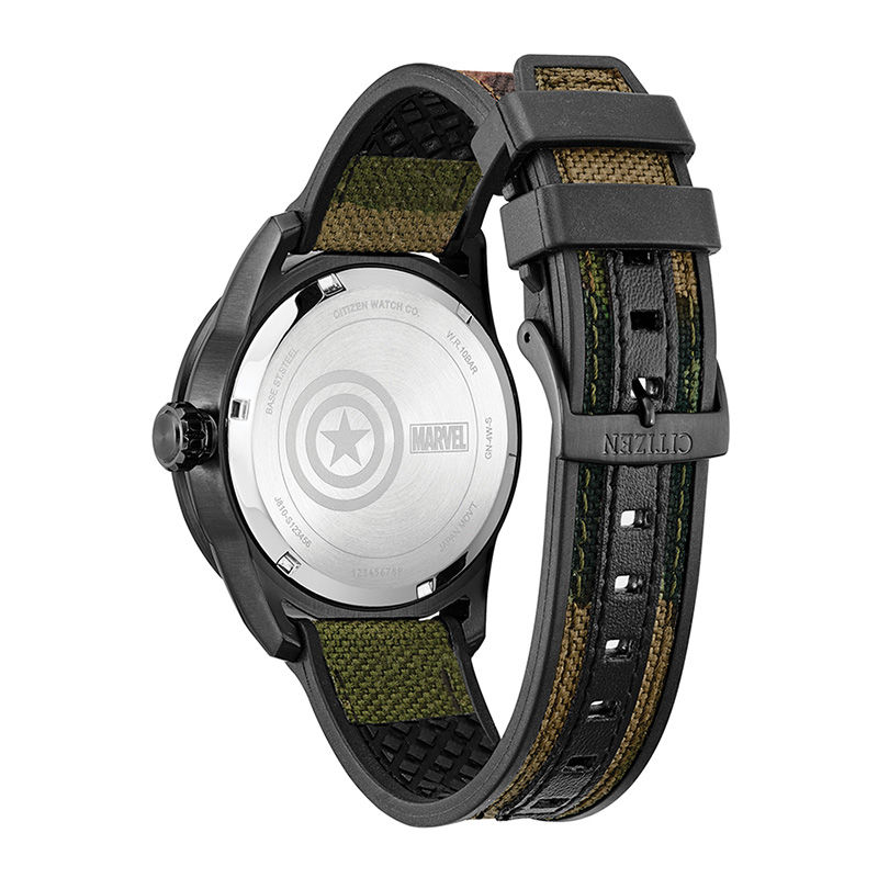 Men s Citizen Eco Drive Captain America Black IP Strap Watch with