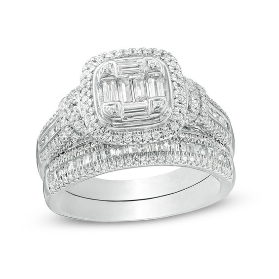 1 CT. T.W. Composite Baguette and Round Diamond Cushion Frame Bridal Set in 10K White Gold 1 CT. T.W. Composite Baguette and Round Diamond Cushion Frame Bridal Set in 10K White Gold