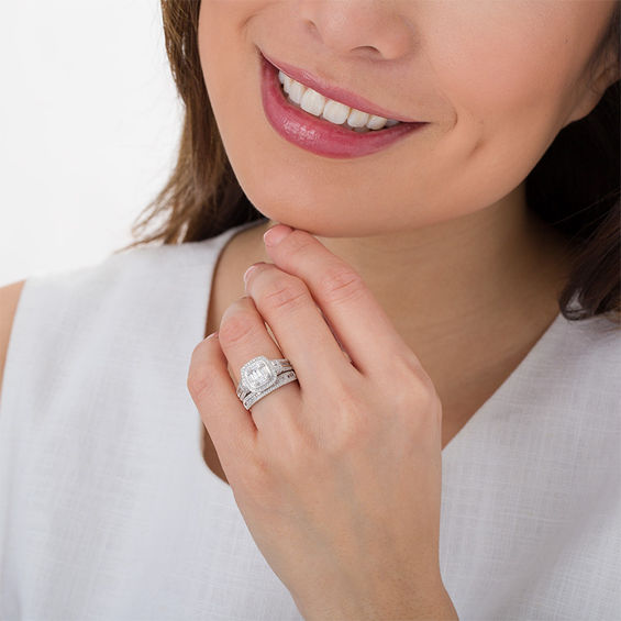 1 CT. T.W. Composite Baguette and Round Diamond Cushion Frame Bridal Set in 10K White Gold 1 CT. T.W. Composite Baguette and Round Diamond Cushion Frame Bridal Set in 10K White Gold