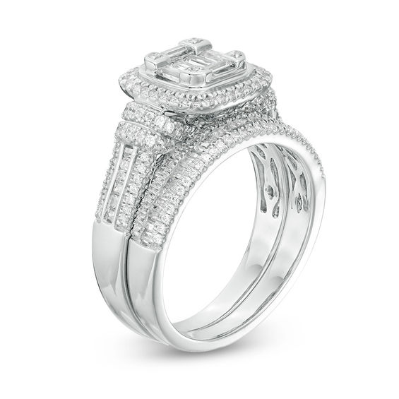 1 CT. T.W. Composite Baguette and Round Diamond Cushion Frame Bridal Set in 10K White Gold 1 CT. T.W. Composite Baguette and Round Diamond Cushion Frame Bridal Set in 10K White Gold