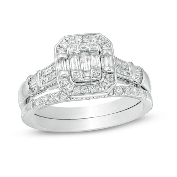 5/8 CT. T.W. Composite Baguette and Round Diamond Octagonal Frame Bridal Set in 10K White Gold 5/8 CT. T.W. Composite Baguette and Round Diamond Octagonal Frame Bridal Set in 10K White Gold