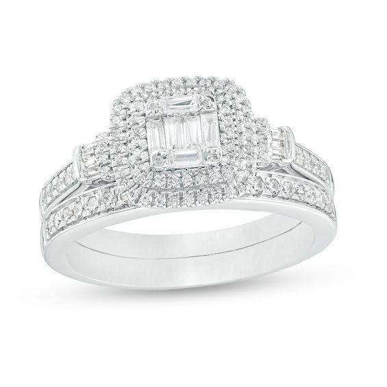 1/2 CT. T.w. Composite Diamond Double Cushion Frame Collar Bridal Set in 10K White Gold