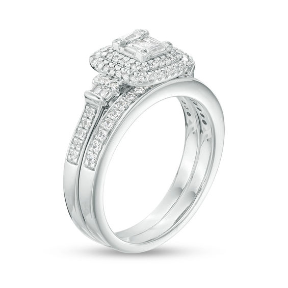 1/2 CT. T.w. Composite Diamond Double Cushion Frame Collar Bridal Set in 10K White Gold