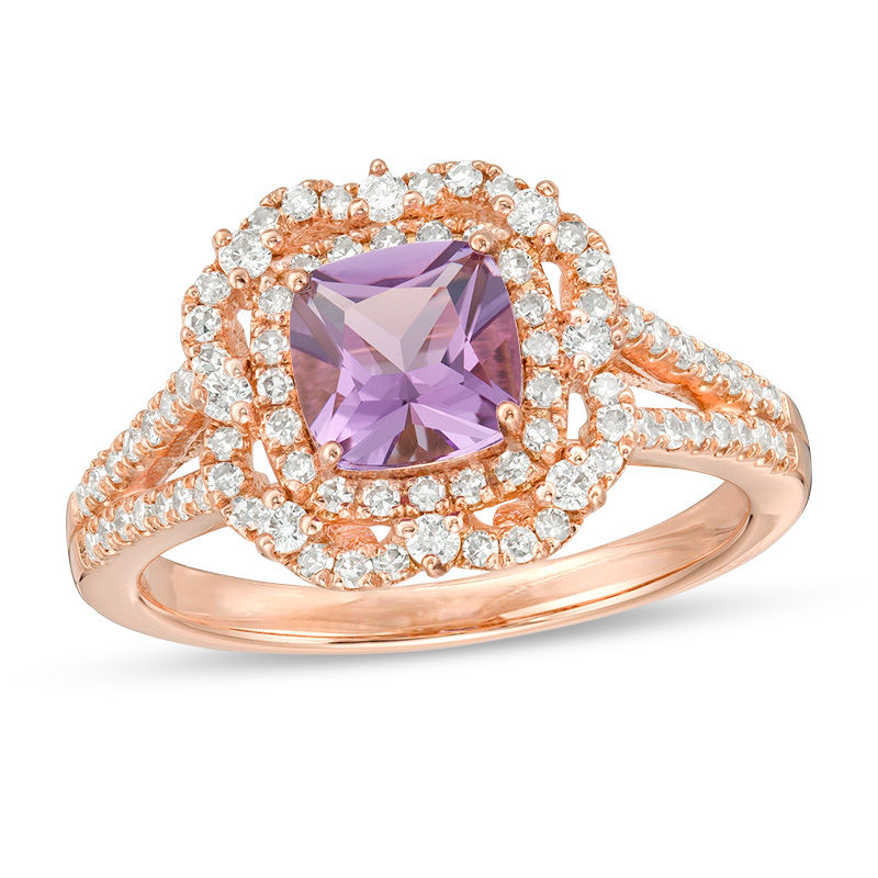 Main Image 1 of Rose de France Amethyst and 1/2 CT. T.W. Diamond Double Frame Split Shank Ring in 14K Rose Gold