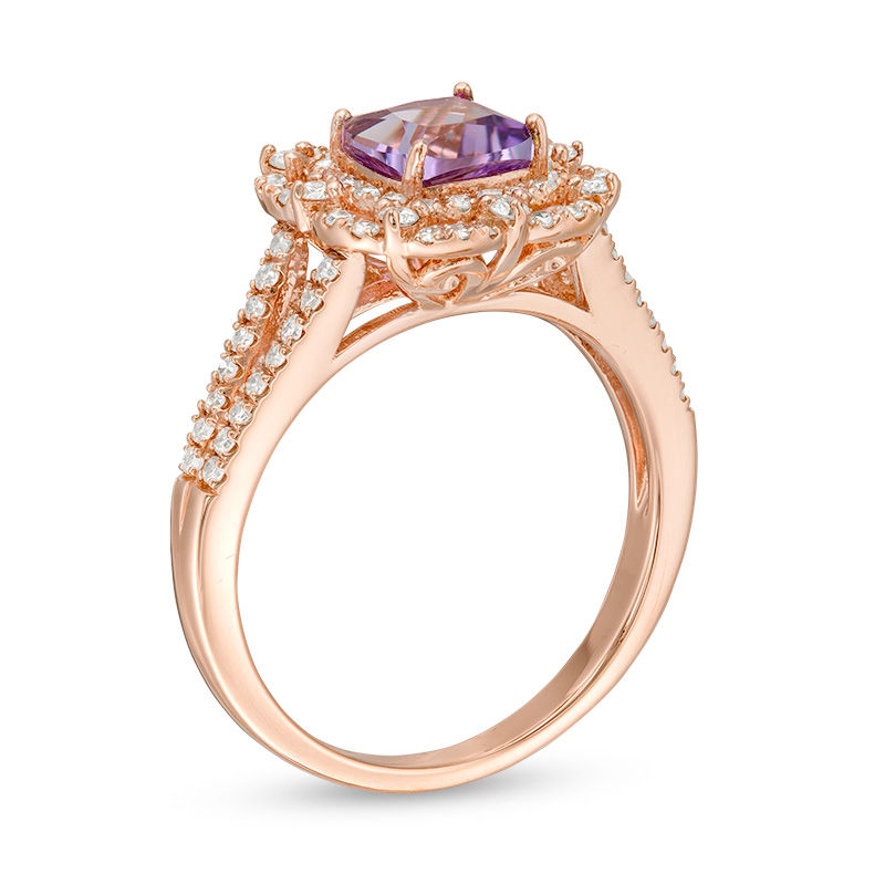 Main Image 3 of Rose de France Amethyst and 1/2 CT. T.W. Diamond Double Frame Split Shank Ring in 14K Rose Gold