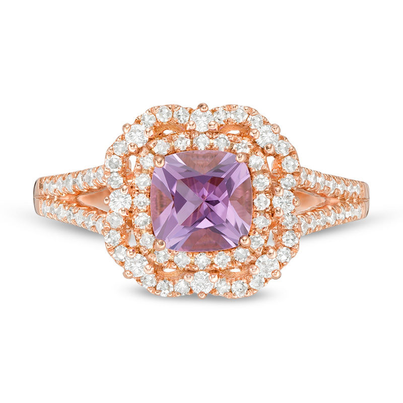Main Image 4 of Rose de France Amethyst and 1/2 CT. T.W. Diamond Double Frame Split Shank Ring in 14K Rose Gold
