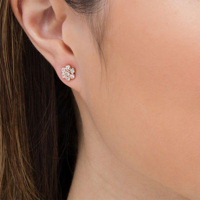 Pink Rose Stud Earrings Glass Stone Bezel Set in Sterling Silver