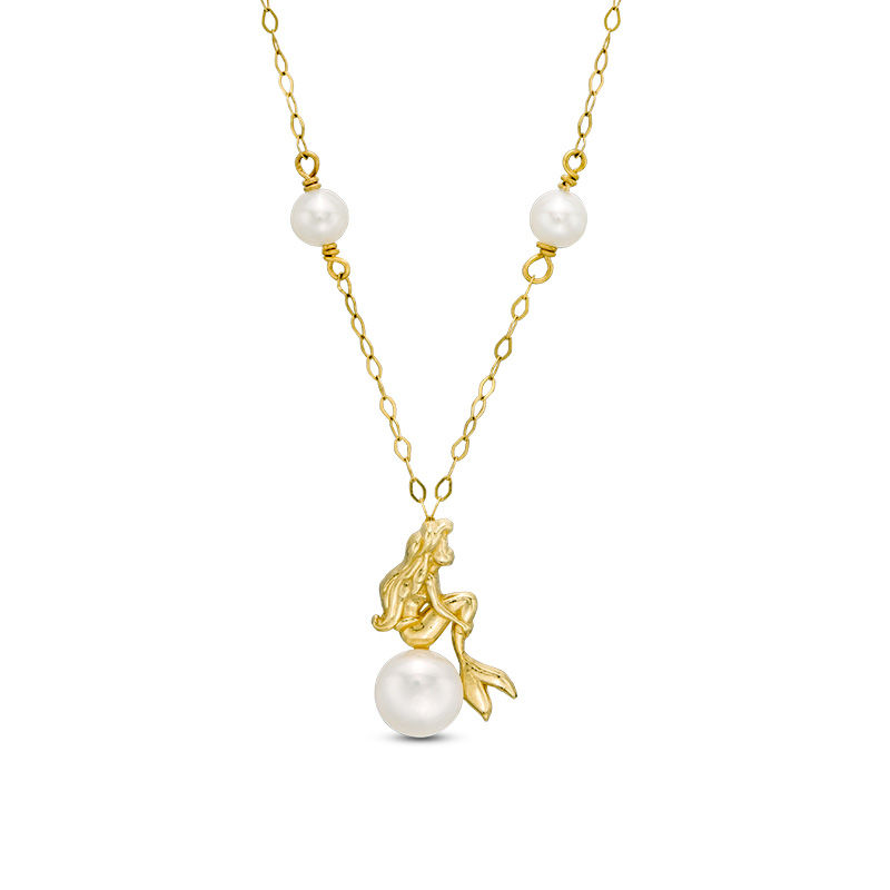 Child’s Disney Twinkle Ariel Button and Round Cultured Freshwater Pearl Necklace in 14K Gold - 13"