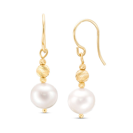 ImperialÂ® 7.0-7.5mm Freshwater Cultured Pearl and Diamond-Cut Bead Drop Earrings in 14K Gold