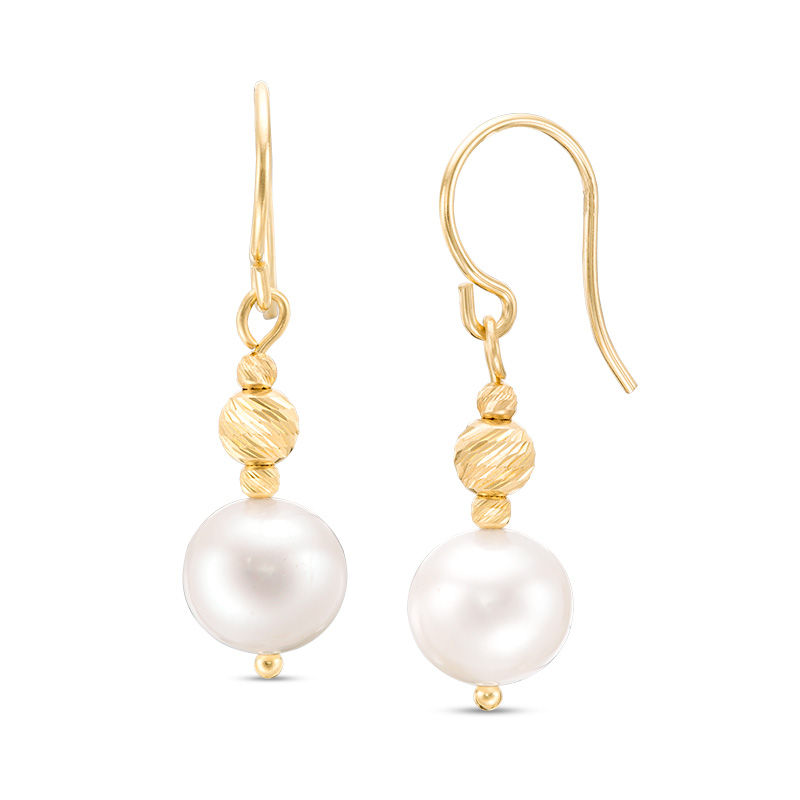 Main Image 1 of IMPERIAL® 7.0-7.5mm Freshwater Cultured Pearl and Diamond-Cut Bead Drop Earrings in 14K Gold