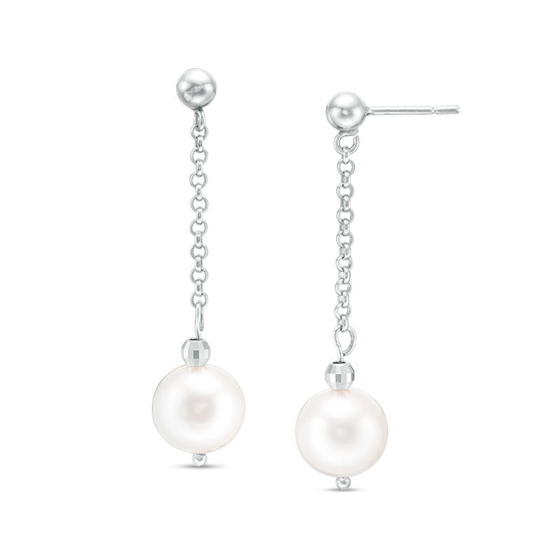 Main Image 1 of IMPERIAL® 9.0-10.0mm Freshwater Cultured Pearl and Disco Bead Chain Drop Earrings in Sterling Silver