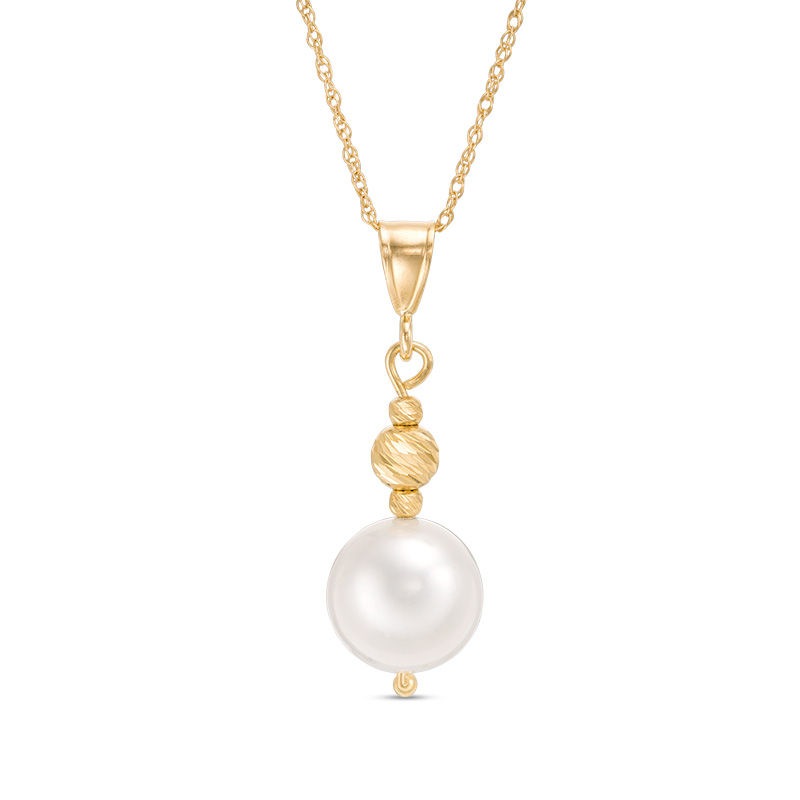 Main Image 1 of IMPERIAL® 8.5-9.0mm Freshwater Cultured Pearl and Diamond-Cut Bead Drop Pendant in 14K Gold