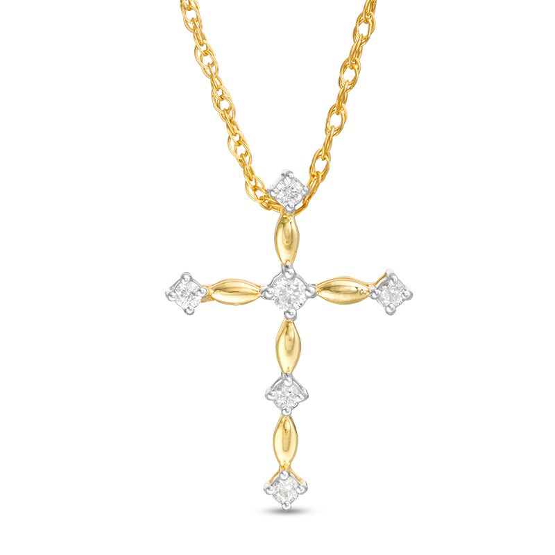 Main Image 1 of 1/10 CT. T.W. Diamond and Rice Bead Cross Pendant in 10K Gold