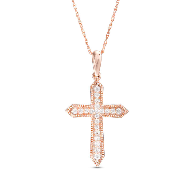 1/6 CT. T.W. Diamond Vintage-Style Cross Pendant in 10K Rose Gold