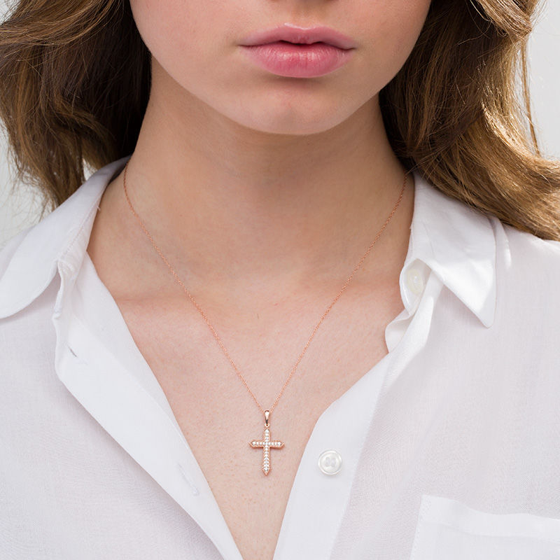 Main Image 2 of 1/6 CT. T.W. Diamond Vintage-Style Cross Pendant in 10K Rose Gold