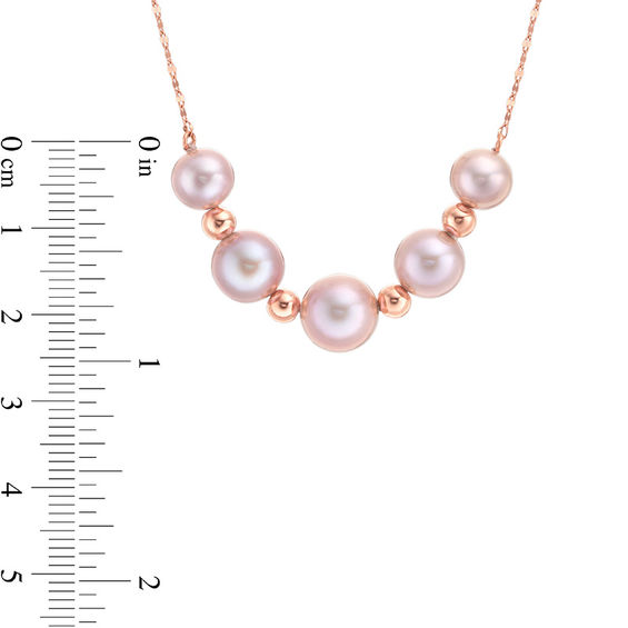 ImperialÂ® 7.0-10.0mm Pink Cultured Freshwater Pearl and Bead Graduated Five Stone Necklace in 14K Rose Gold