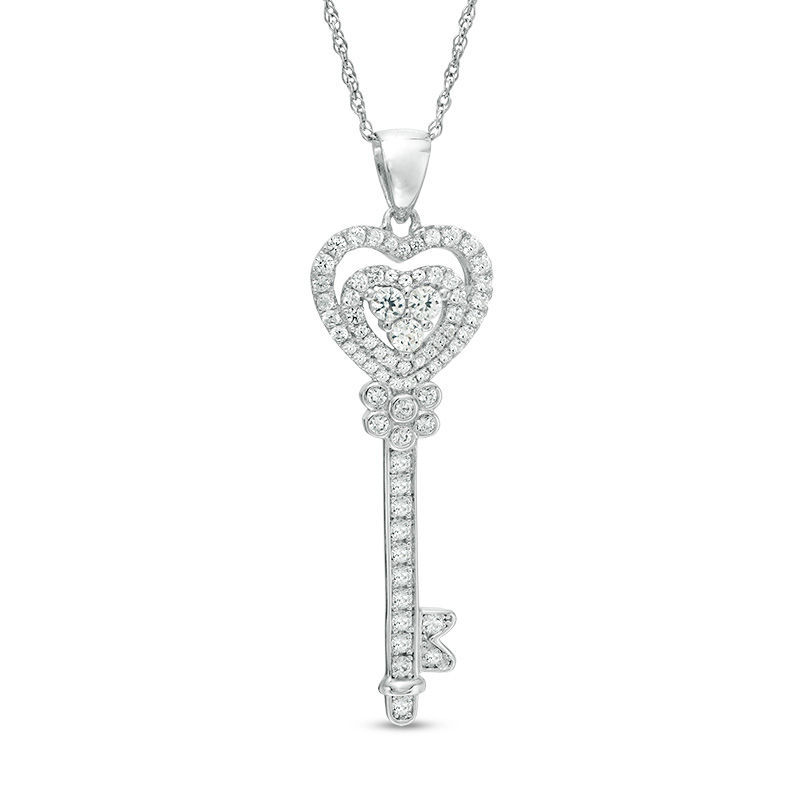 Diamond Heart Key Pendant Necklace | Sterling Silver | White | Size 18 | I Am Loved