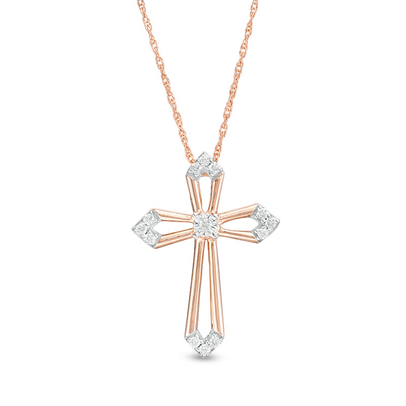 Main Image 1 of 1/15 CT. T.W. Diamond Cross Outline Pendant in 10K Rose Gold