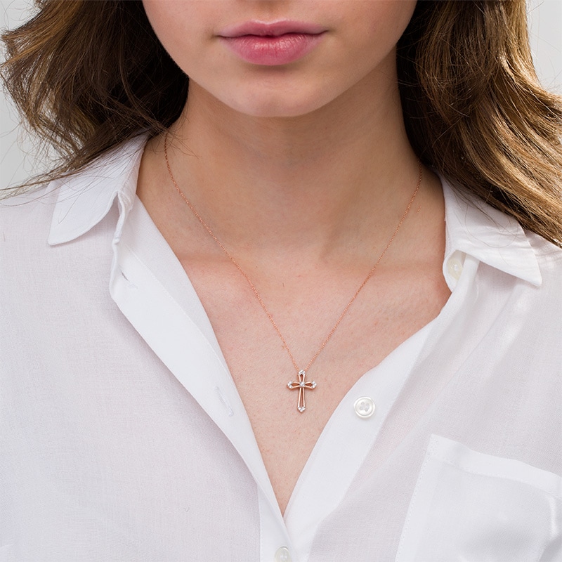 Main Image 2 of 1/15 CT. T.W. Diamond Cross Outline Pendant in 10K Rose Gold