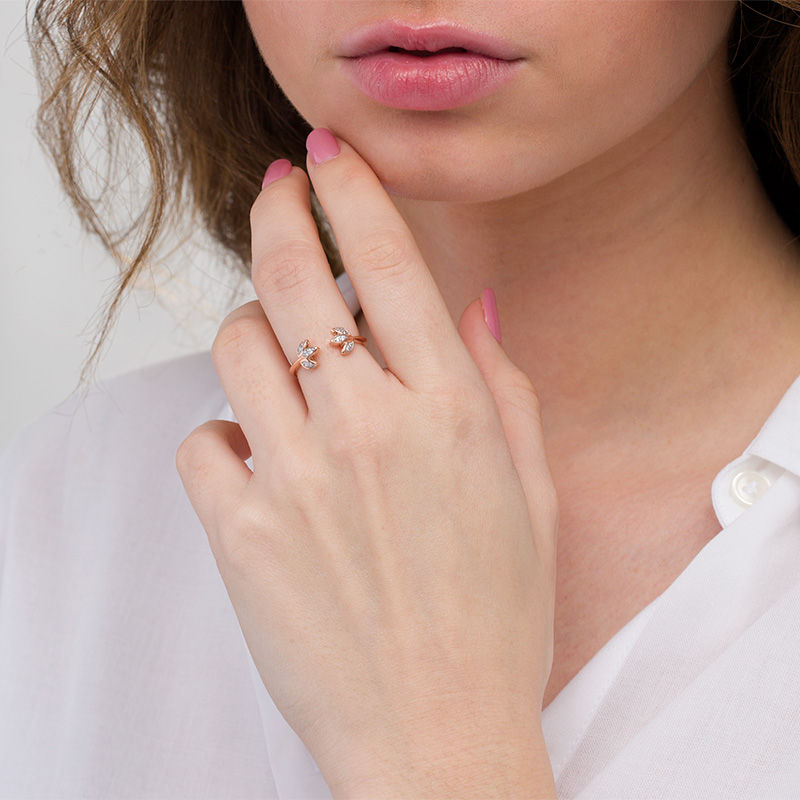 Main Image 2 of 1/15 CT. T.W. Diamond Leaf Open Ring in 10K Rose Gold