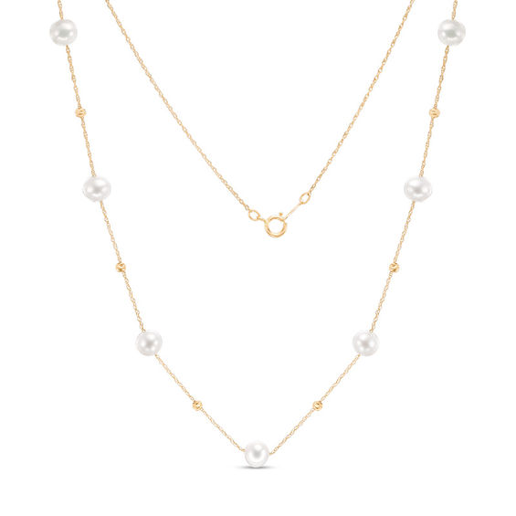 ImperialÂ® 6.0-6.5mm Freshwater Cultured Pearl and Diamond-Cut Bead Station Necklace in 14K Gold
