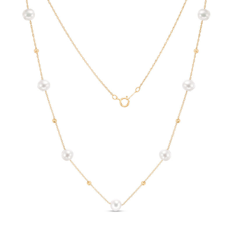 Main Image 1 of IMPERIAL® 6.0-6.5mm Freshwater Cultured Pearl and Diamond-Cut Bead Station Necklace in 14K Gold