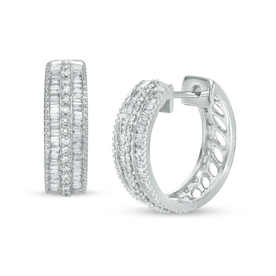 3/4 CT. T.W. Baguette and Round Diamond Vintage-Style Three-Row Hoop Earrings in Sterling Silver 3/4 CT. T.W. Baguette and Round Diamond Vintage-Style Three-Row Hoop Earrings in Sterling Silver