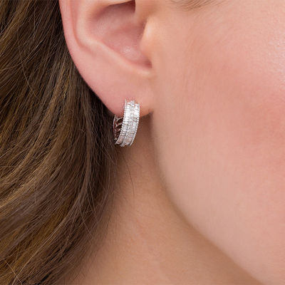 3/4 CT. T.W. Baguette and Round Diamond Vintage-Style Three-Row Hoop  Earrings in Sterling Silver
