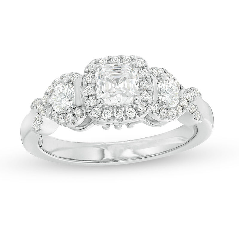 1 CT. T.W. Asscher-Cut Diamond Past Present Future® Frame Engagement Ring in 14K White Gold