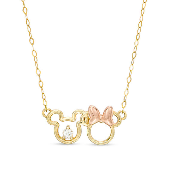 Childâs Disney Twinkle Mickey Mouse & Minnie Mouse White Sapphire Interlocking Necklace in 14K Two-Tone Gold - 15"