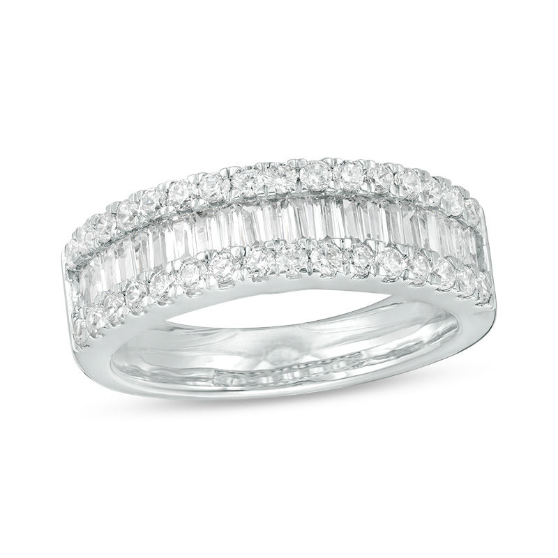 1 CT. T.W. Baguette and Round Diamond Triple-Row Ring in 10K White Gold