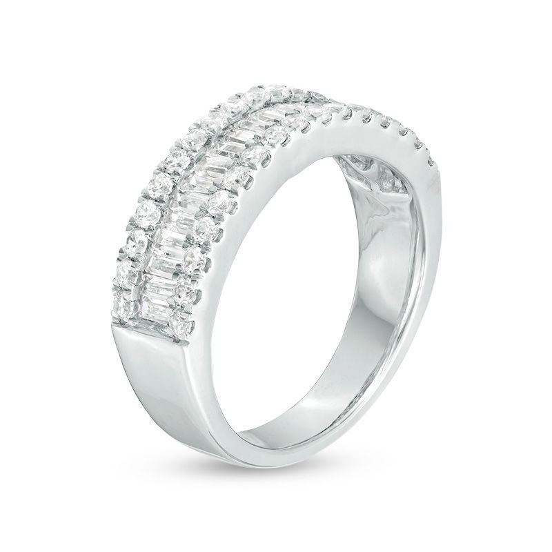 1 CT. T.W. Baguette and Round Diamond Triple-Row Ring in 10K White Gold