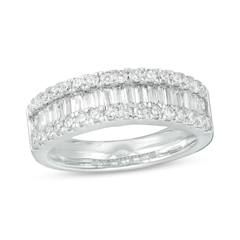 Main Image 1 of 1 CT. T.W. Baguette and Round Diamond Triple-Row Ring in 10K White Gold
