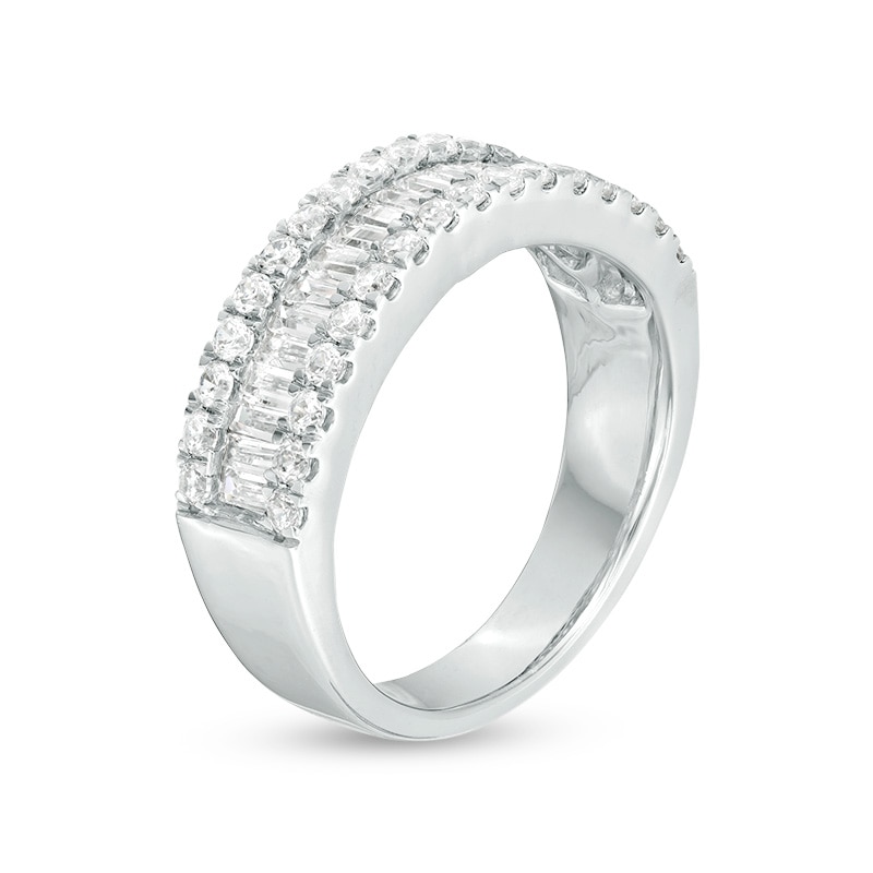 Main Image 3 of 1 CT. T.W. Baguette and Round Diamond Triple-Row Ring in 10K White Gold