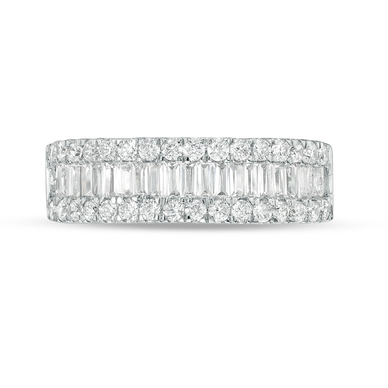 Main Image 4 of 1 CT. T.W. Baguette and Round Diamond Triple-Row Ring in 10K White Gold