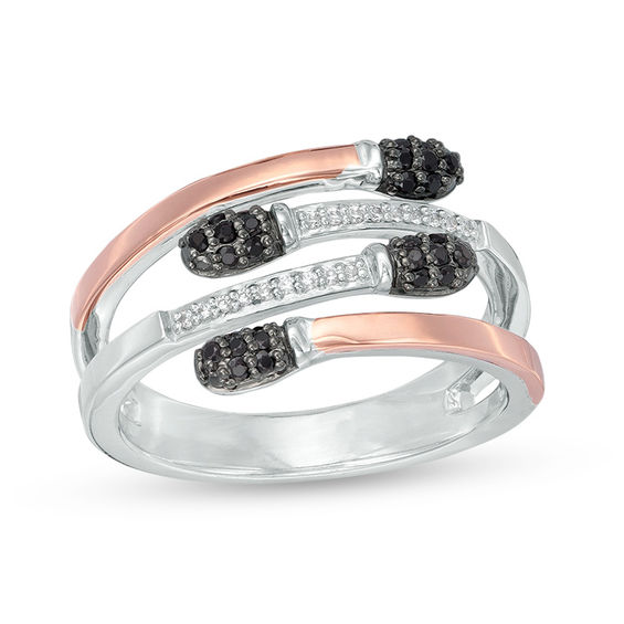 1/5 CT. T.W. Enhanced Black and White Diamond Matchstick Wrap Ring in Sterling Silver and 10K Rose Gold 1/5 CT. T.W. Enhanced Black and White Diamond Matchstick Wrap Ring in Sterling Silver and 10K Rose Gold