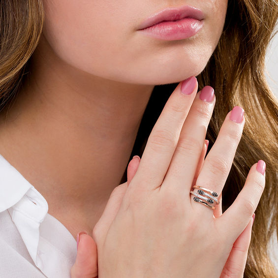 1/5 CT. T.W. Enhanced Black and White Diamond Matchstick Wrap Ring in Sterling Silver and 10K Rose Gold 1/5 CT. T.W. Enhanced Black and White Diamond Matchstick Wrap Ring in Sterling Silver and 10K Rose Gold
