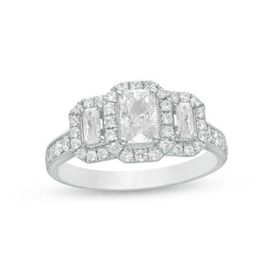 1-1/2 CT. T.w. Certified Emerald-Cut Diamond Past Present Future® Vintage-Style Engagement Ring in 14K White Gold (I/Si2)