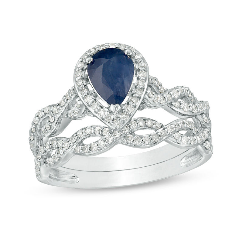 Pear-Shaped Blue Sapphire and 3/8 CT. T.W. Diamond Frame Twist Bridal Set in 14K White Gold