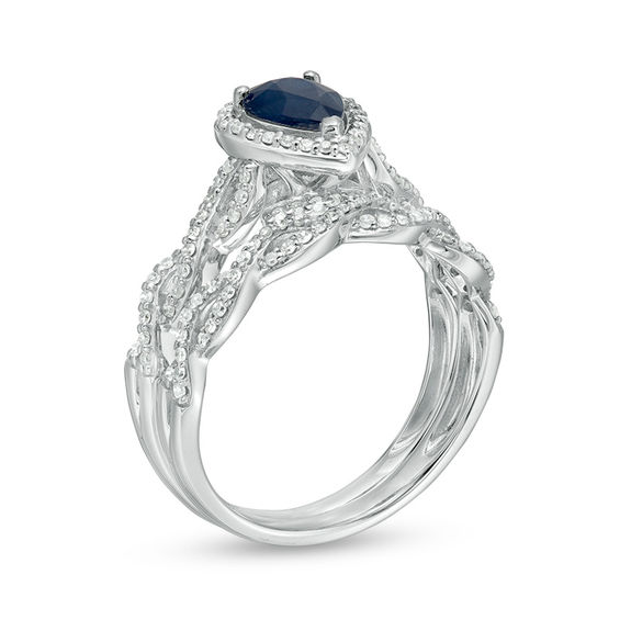 Pear-Shaped Blue Sapphire and 3/8 CT. T.w. Diamond Frame Twist Bridal Set in 14K White Gold