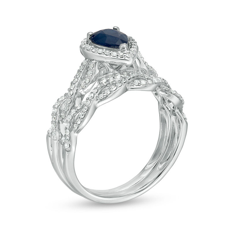 Pear-Shaped Blue Sapphire and 3/8 CT. T.W. Diamond Frame Twist Bridal Set in 14K White Gold