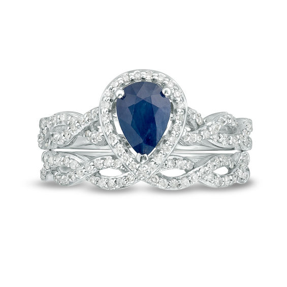 Pear-Shaped Blue Sapphire and 3/8 CT. T.w. Diamond Frame Twist Bridal Set in 14K White Gold